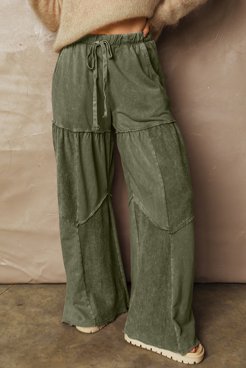 Vineyard Green Mineral Wash Wide Leg Patchwork Pants