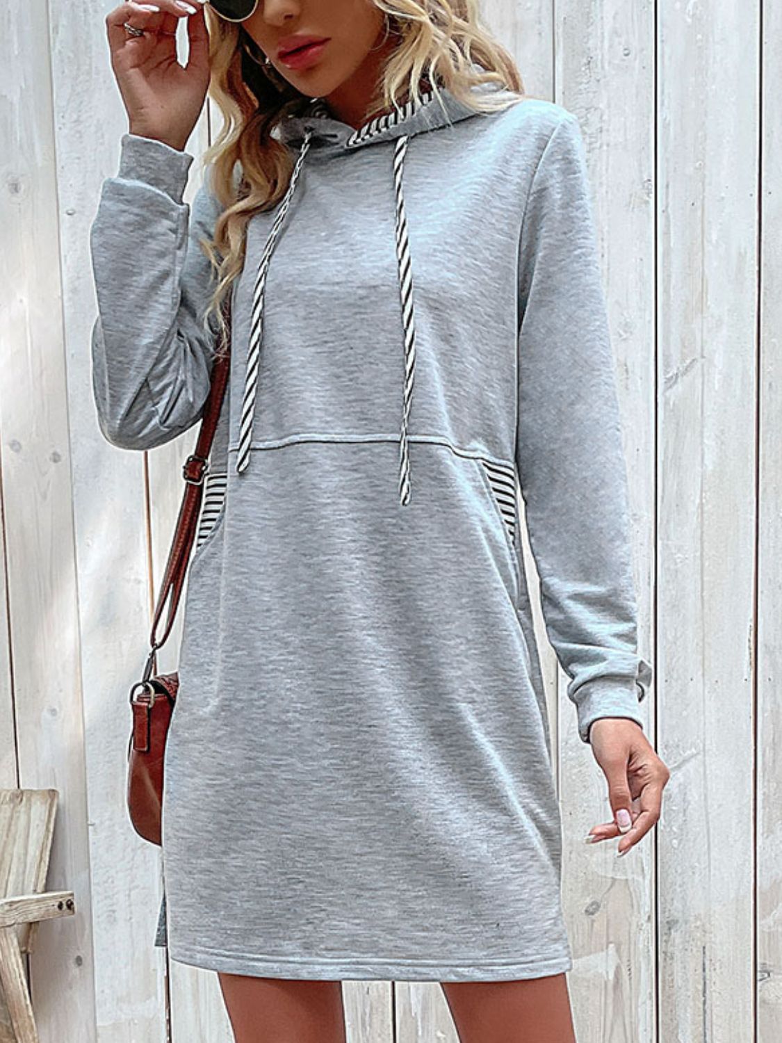 women's gray long sweatshirt with drawstring hoodie