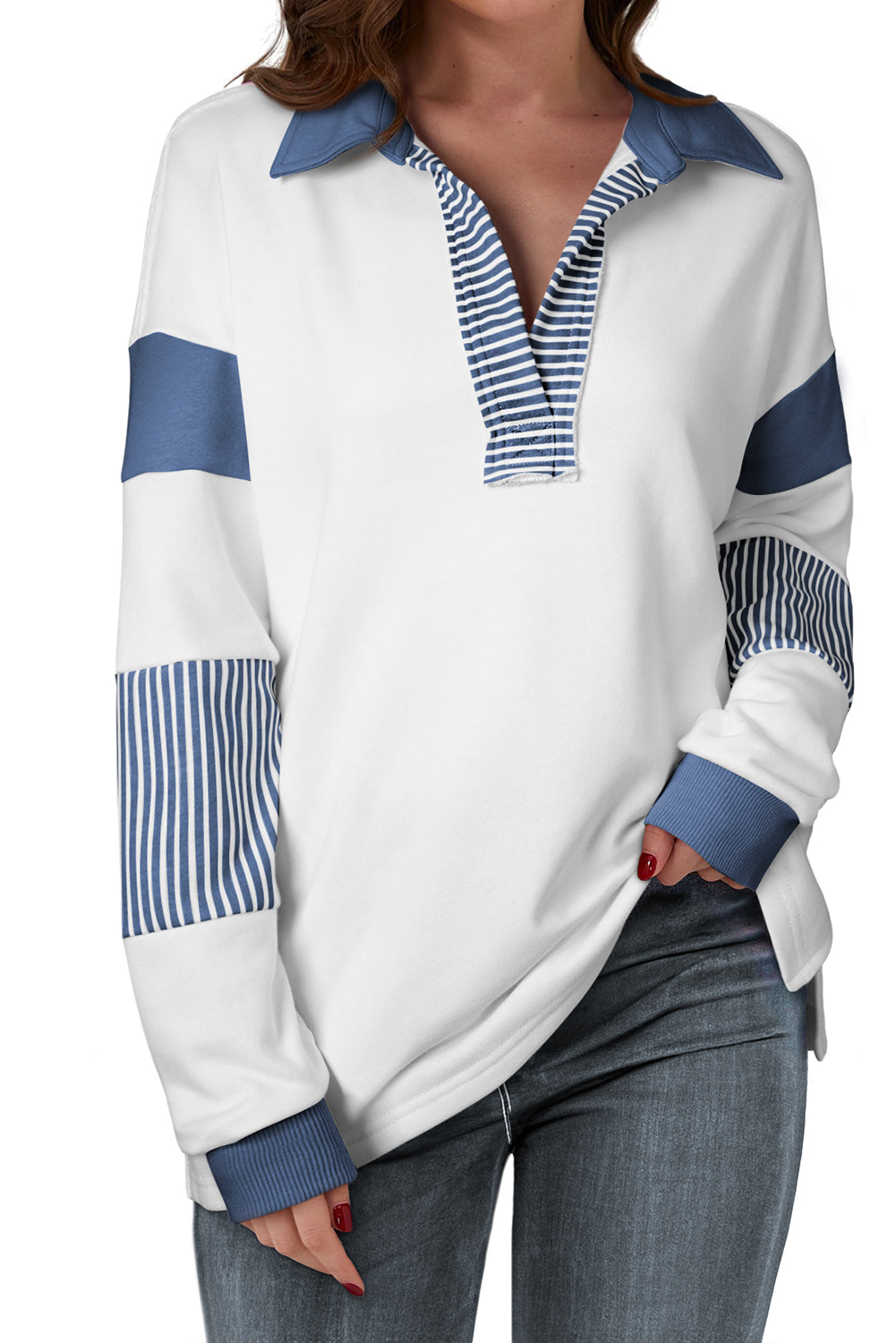 Dark Blue Striped Color-block Patchwork Sweatshirt