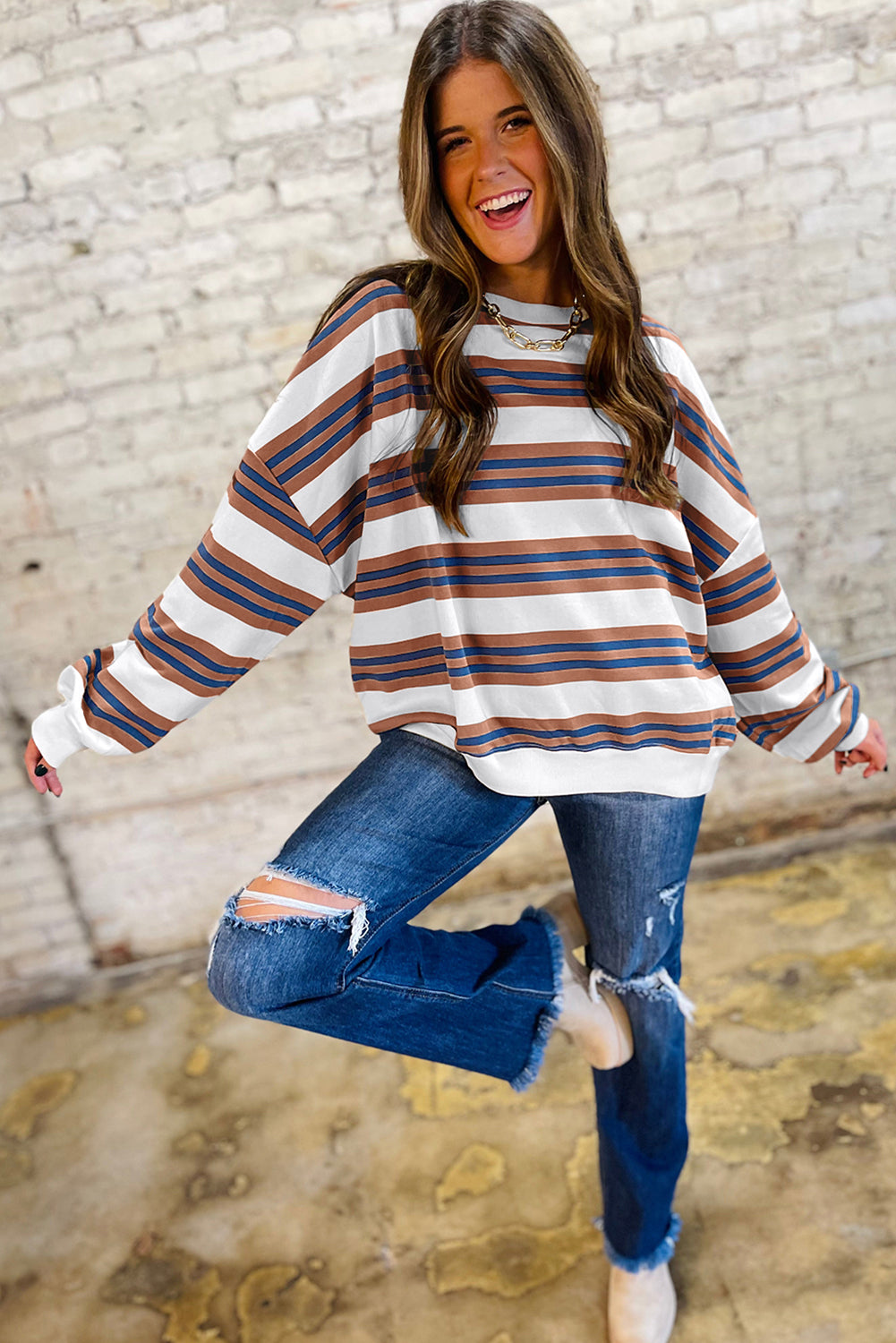 Brown Stripe Crew Neck Drop Shoulder Pullover