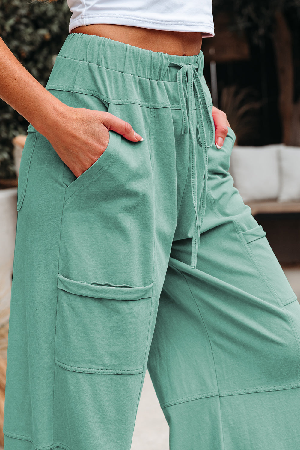 Mint Green Mineral Wash Exposed Seam Drawstring Elastic Waistband Wide Leg Cargo Pants