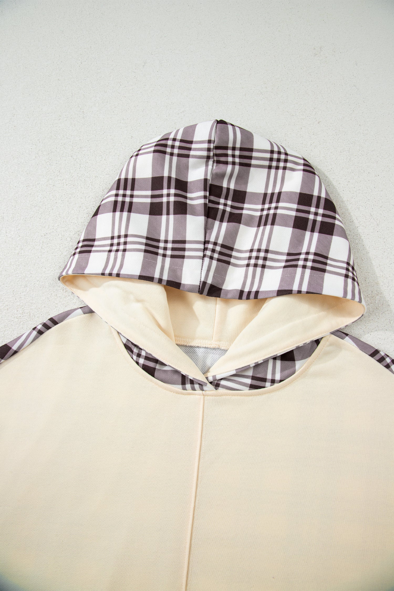 Beige Plaid Patchwork Side Slit Sweatshirt