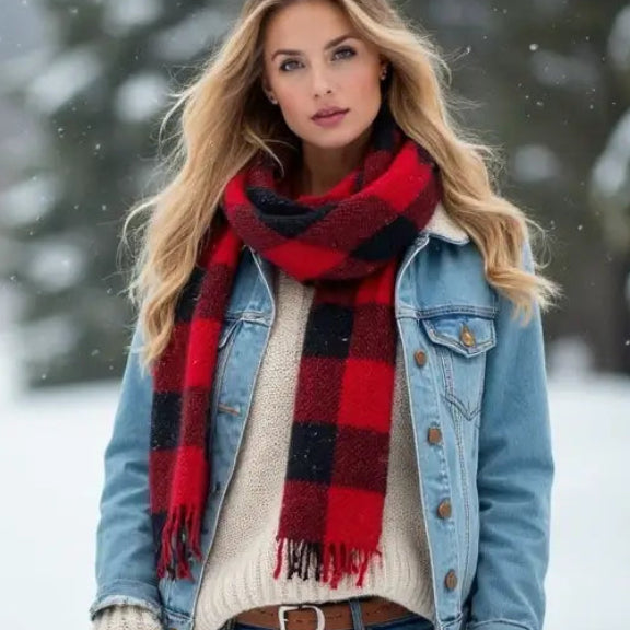 Woman wearing a red plaid scarf and denim jacket in a snowy landscape