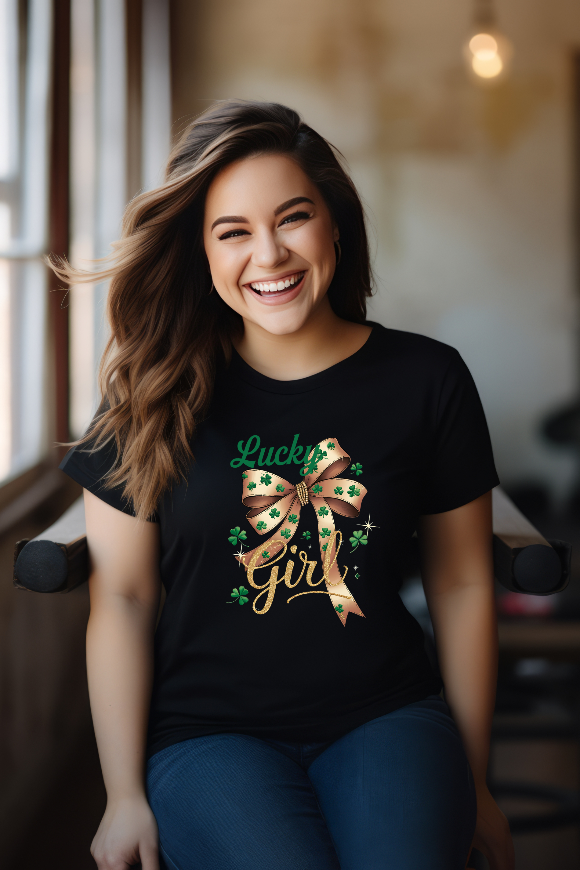 Woman wearing a black t-shirt with a festive design, sitting indoors.