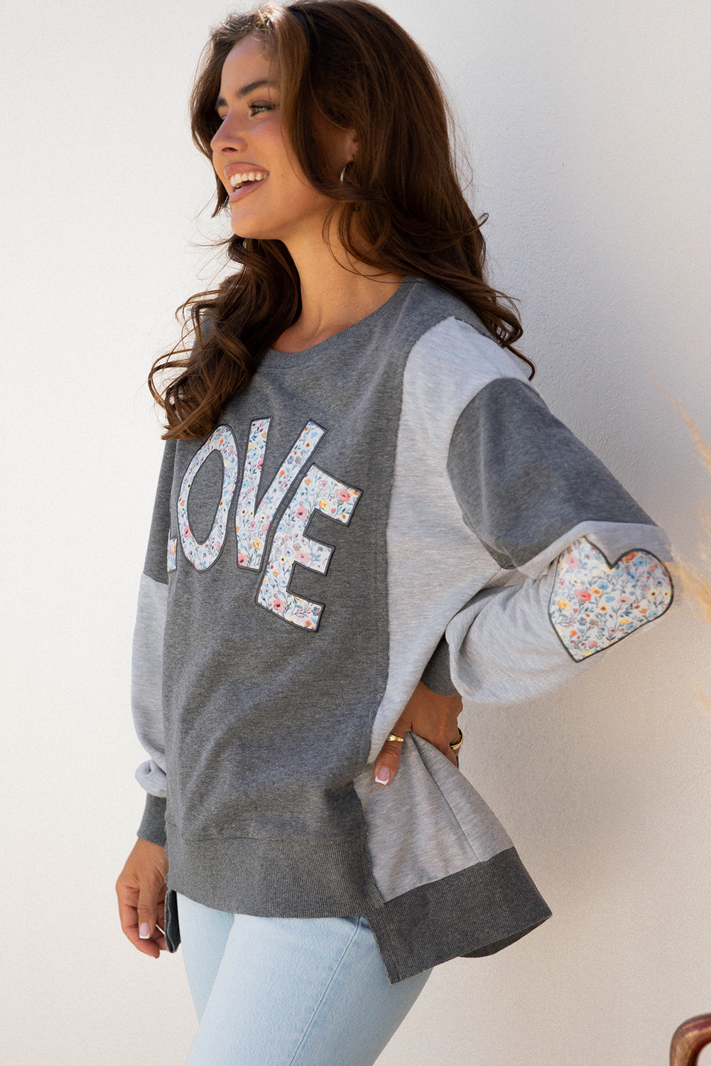 Dark Grey LOVE Graphic Exposed Seam Patchwork Sweatshirt