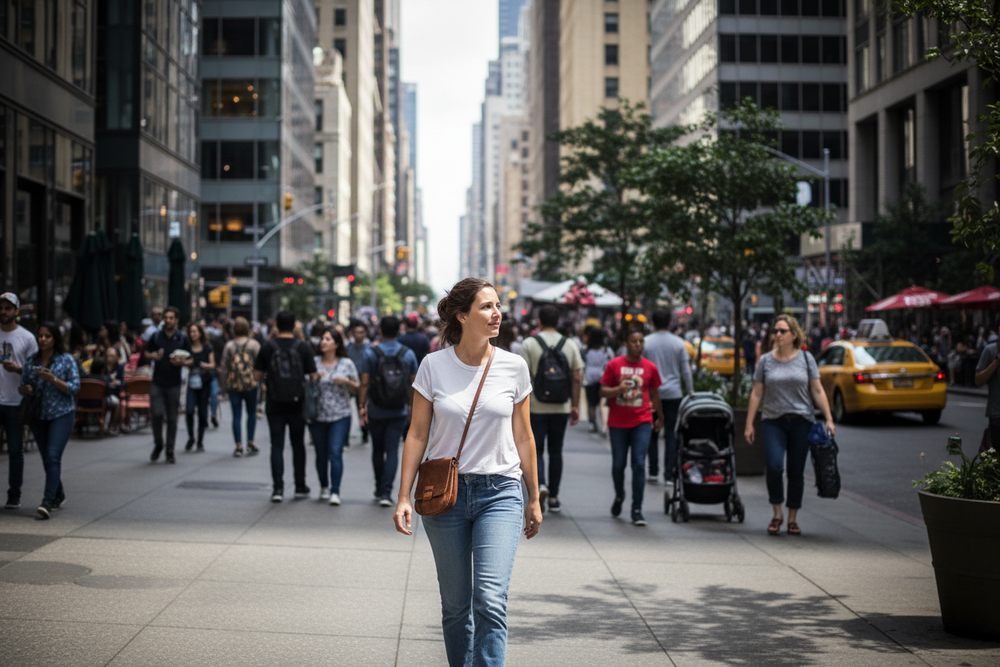 create an image of a woman walking down a busy city street looking out to the other people, have her wearing only denim jeans and a tee shirt