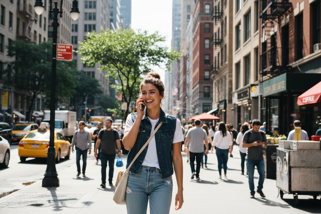 create an image of a woman walking down a busy city street talking with someone, have her wearing denim jeans, tee shirt and a denim vest