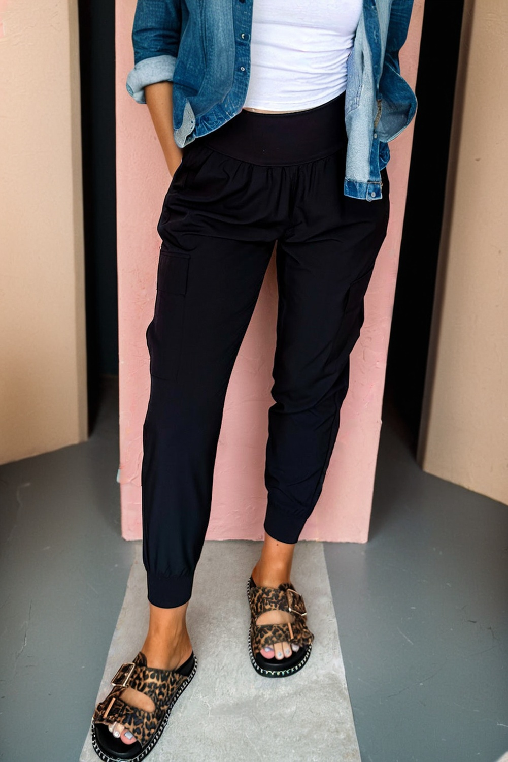 blue denim jacket with white shirt and black pants