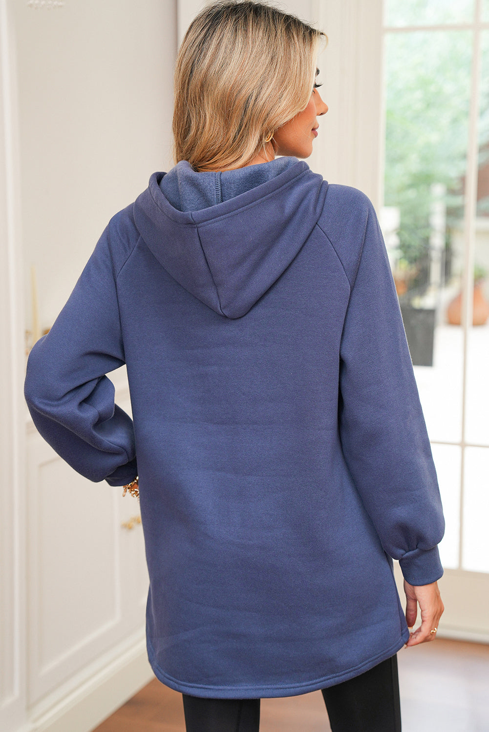 Dirty Blue Drawstring Hooded Tunic Sweatshirt for Women