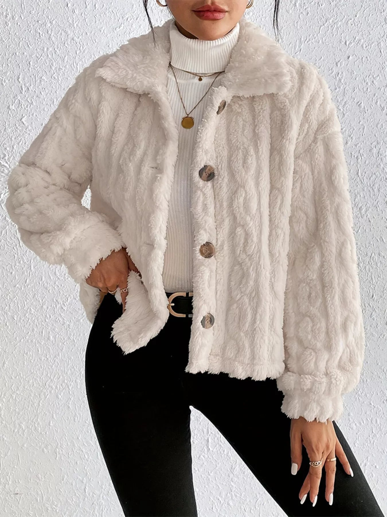 white textured jacket with buttons